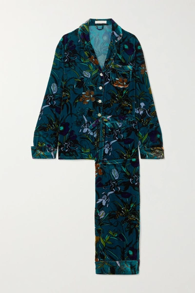 Olivia Von Halle Lila Floral-print Silk-velvet Pajama Set In Blue