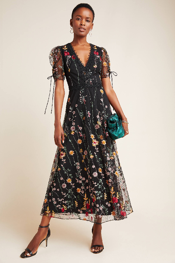 ml Monique Lhuillier Floral Embroidered Mesh Midi Dress In Assorted ...