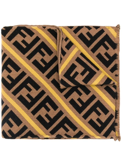 Fendi Logo-intarsia Wool And Silk-blend Scarf In Brown