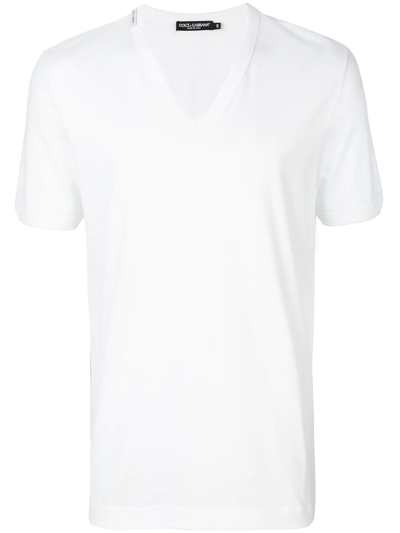 Dolce & Gabbana Cotton V-neck T-shirt With Branded Plate In White