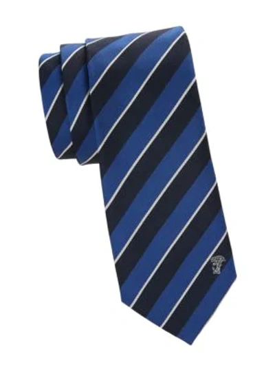 Versace Stripe Silk Tie In Blue Navy