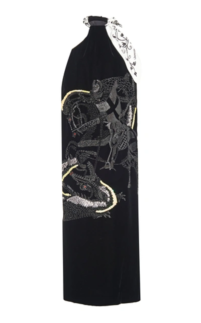 Lanvin Embellished Velvet Halterneck Midi Dress In Black