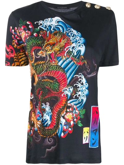 Balmain Tiger And Dragon Print T-shirt In Black