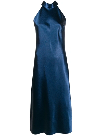 Galvan Sienna Glossy Metallic Satin Halter Dress In Blue
