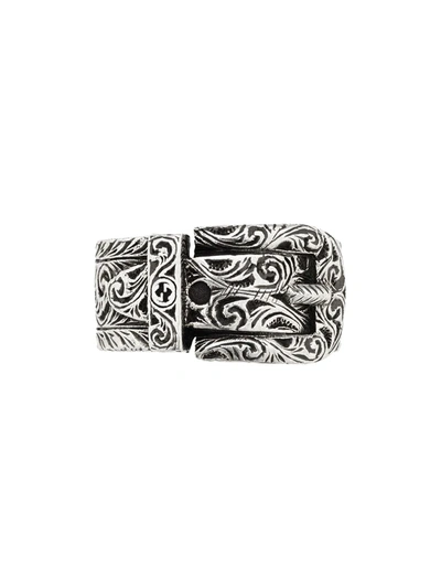 Gucci Buckle Detail Monogram Ring In Silver