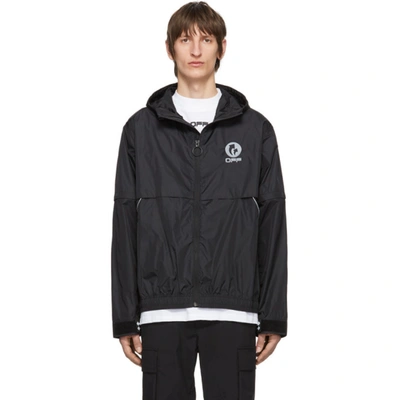 Off-white Logo Print Zip Up Shell Nylon Jacket In Black