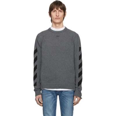 Off-white Logo Cotton Blend Knit Crewneck Sweater In Melange Gre