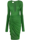 Alexandre Vauthier Plunge Neck Ruched Dress In Moss