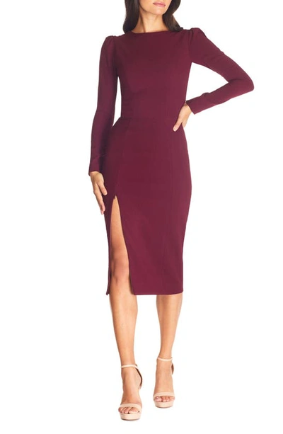 Dress The Population Nadia Long Sleeve Scoop Back Midi Dress In Burgundy