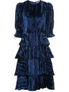 Batsheva Velvet Tiered Ruffle Dress In Blue