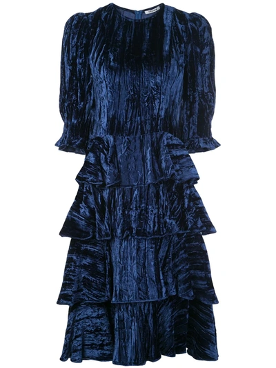 Batsheva Velvet Tiered Ruffle Dress In Blue