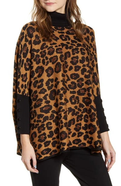 Anne Klein Lurex Dolman Sleeve Animal Print Turtleneck Sweater In Vicuna/ Anne Black Combo