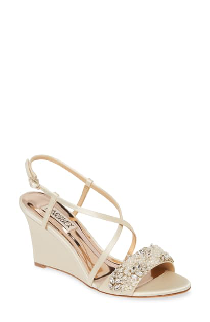 badgley mischka feather crystal embellished wedge sandal