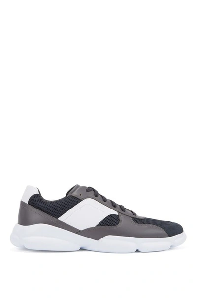 Hugo Boss - Low Top Trainers In Leather With Open Mesh Panels - Open Grey