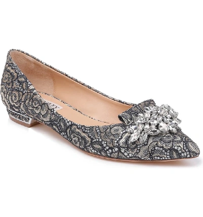 Badgley Mischka Valeria Crystal Embellished Flat In Pewter Satin