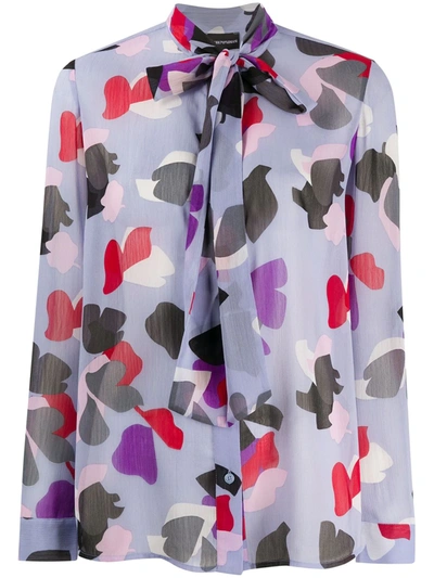 Emporio Armani Abstract Floral Pleated Crepe Tie-neck Button-down Blouse