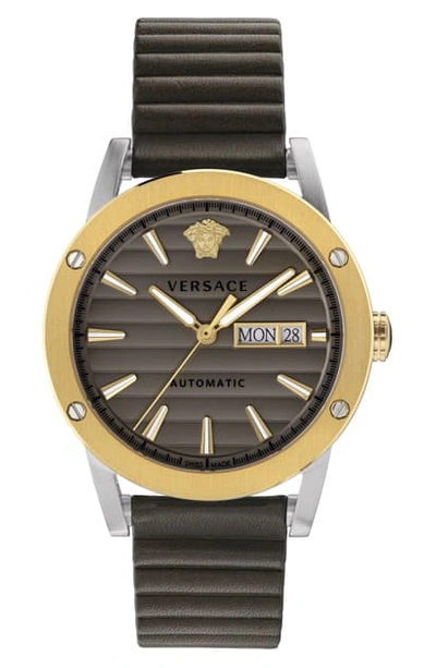 Versace Men's 42mm Automatic Textured-stripe Leather Watch In Brown/ Grey/ Gold