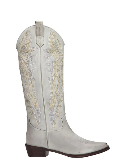 Coral Blue Texan Boots In White Leather