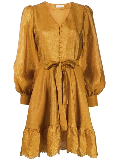Stine Goya Farrow Belted Blouson-sleeve Flounce Dress In Gold