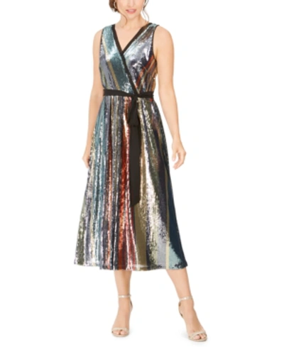 Julia Jordan Multicolored Sequin Midi Dress In Silver/teal/red