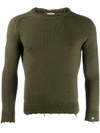 Saint Laurent Distressed-effect Crew Neck Jumper In Green