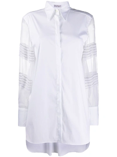 Brunello Cucinelli Monili Pleated Organza-sleeve Shirt In White