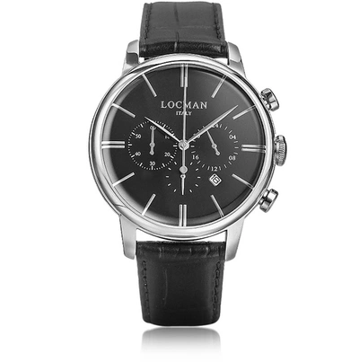 Locman Designer Men's Watches 1960 Silver Stainless Steel Men's Chronograph Watch W/black Croco Embossed Le In Noir