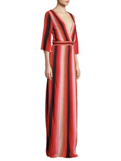 M Missoni Textured Stripes Plunging Maxi Dress In Red