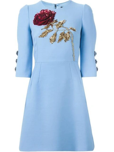 Dolce & Gabbana Rose Sequin-embellished Wool Mini Dress In Powder-blue