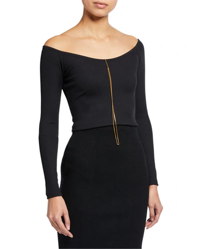 Alexander Wang T Tech Bodycon Ribbed Off-shoulder Top W/ Chain In Black