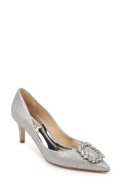 Badgley Mischka Carrie Crystal Pilgrim Satin Pumps In Silver