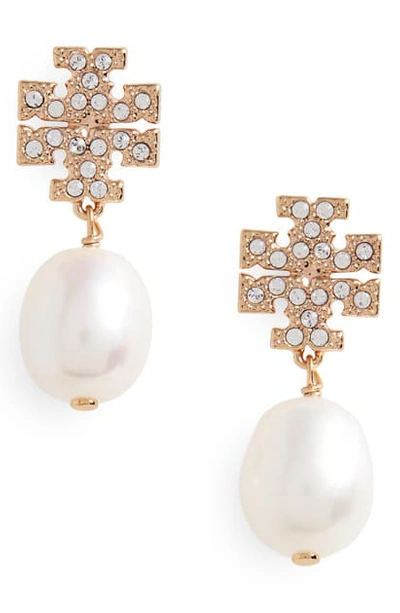 Tory Burch Kira Baroque Pearl Drop Earrings In White/gold