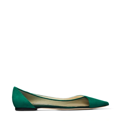 Jimmy Choo Saia Flat Flache Schuhe Aus Smaragdgrünem Wildleder Mit Netzstoff Und Spitzer Zehenpartie In Smaragdgrün/smaragdgrün
