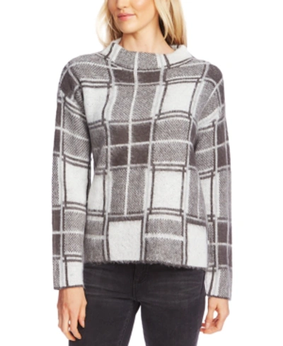 Vince Camuto Fuzzy Plaid Funnel Neck Sweater In Medium Heather Grey