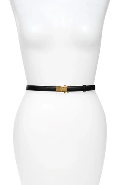 Prada Logo Buckle Saffiano Calfskin Leather Skinny Belt In Cognac/ Gold