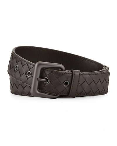 Bottega Veneta Men's Matte Buckle Woven Leather Belt In Espresso