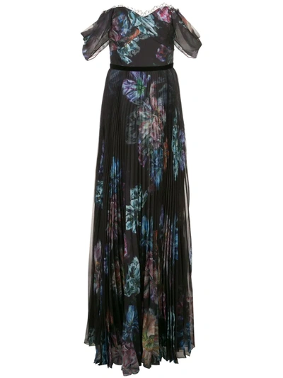 Marchesa Notte Off The Shoulder Printed Chiffon And Charmeuse Gown In Black