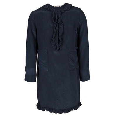 Pre-owned Marni Navy Blue Silk Ruffle Trim Detail Long Sleeve Dress 6 Yrs