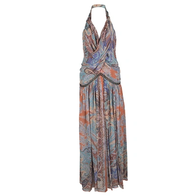 Pre-owned Etro Multicolor Printed Silk Draped Embellished Waist Maxi Dress S
