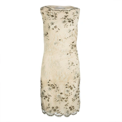 Pre-owned Valentino Beige Embellished Floral Lace Overlay Ruched Sleeveless Dress M
