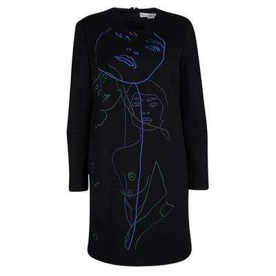 Pre-owned Stella Mccartney Black Wool Embroiderd Faces Long Sleeve Melton Shift Dress S