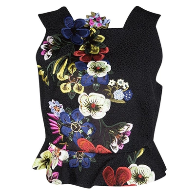 Pre-owned Erdem Black Jacquard Floral Applique Frankie Cropped Peplum Top M