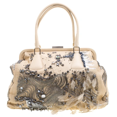 Pre-owned Valentino Garavani Beige Leather Embellished And Feather Alice Glam Frame Bag