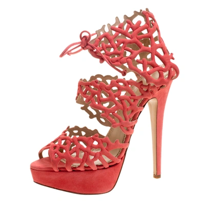 Pre-owned Charlotte Olympia Coral Laser Cut Suede Goodness Gracious Reef Platform Sandals Size 39 In Orange