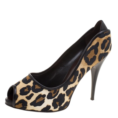 Pre-owned Giuseppe Zanotti Leopard Print Canvas Peep Toe Pumps Size 38.5 In Brown
