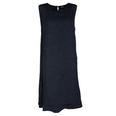 Pre-owned Fendi Navy Blue Silk Textured Panel Detail Sleeveless Shift Dress L