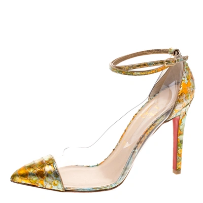 Pre-owned Christian Louboutin Multicolor Metallic Python And Pvc Pigalle Un Bout Ankle Strap Pumps Size 37.5
