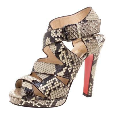 Pre-owned Christian Louboutin Two Tone Python Leather Criss Cross Strap Platform Sandals Size 37 In Beige