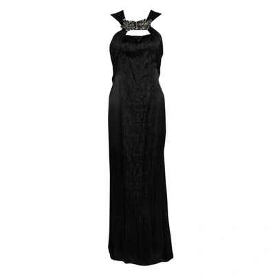 Pre-owned Prada Black Satin Neck Embellished Draped Ruffle Detail Sleeveless Gown M