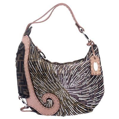 Pre-owned Fendi Tobacco/beige Zucca Canvas And Leather Crystal Embellished Oyster Hobo In Brown